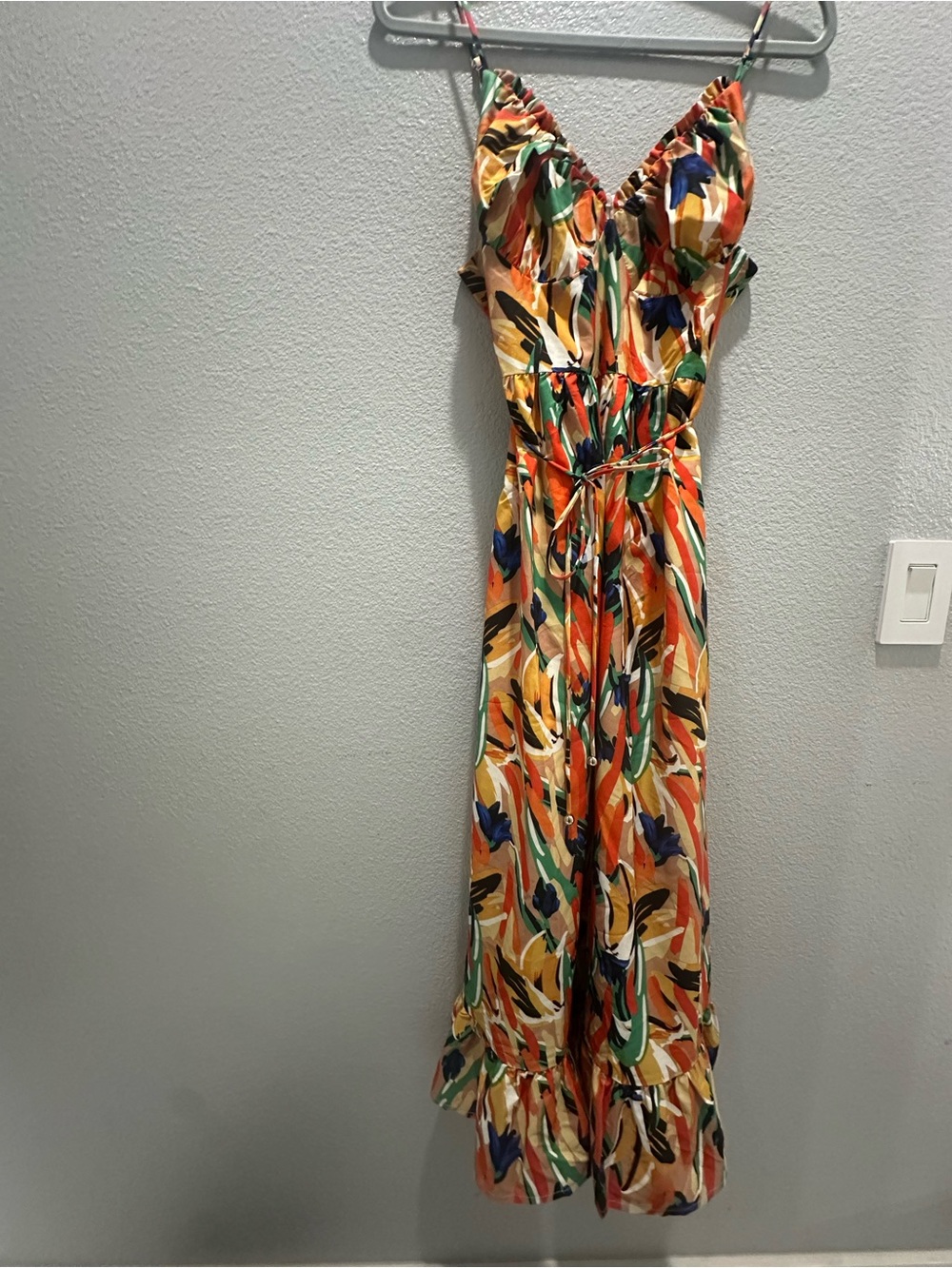 Med- Commense Multi-Color Printed Spaghetti Strap Midi Dress - Orange Blue Green - Picture 4 of 9